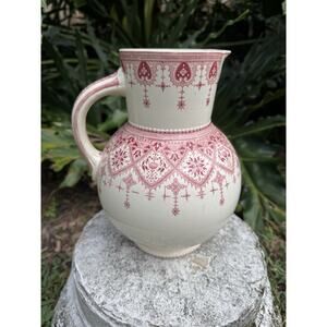 Antique Sarreguemines “Calcutta” Pitcher Red Transferware French Faeince 9”